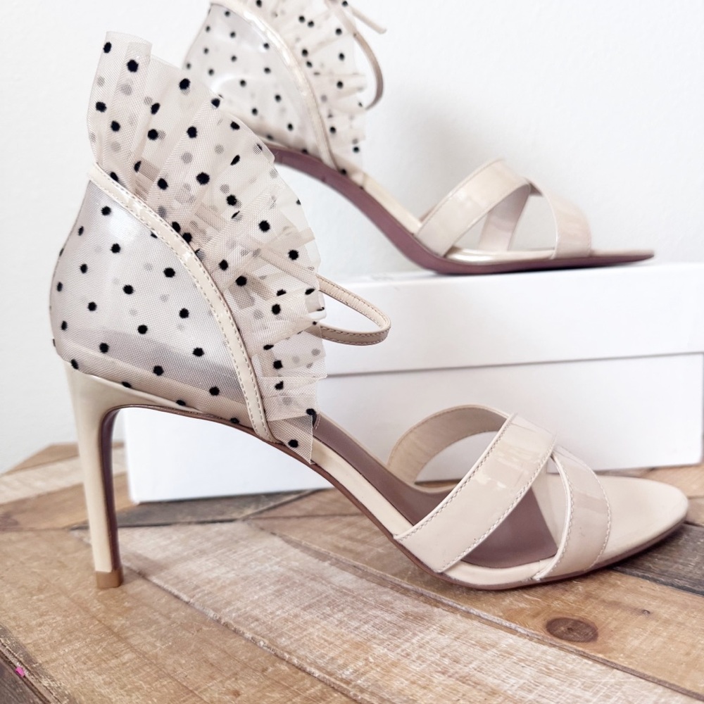 BCBGMaxazria Stella Sandal Cream Ruffle Polka Dot Heels - Picture 2 of 14